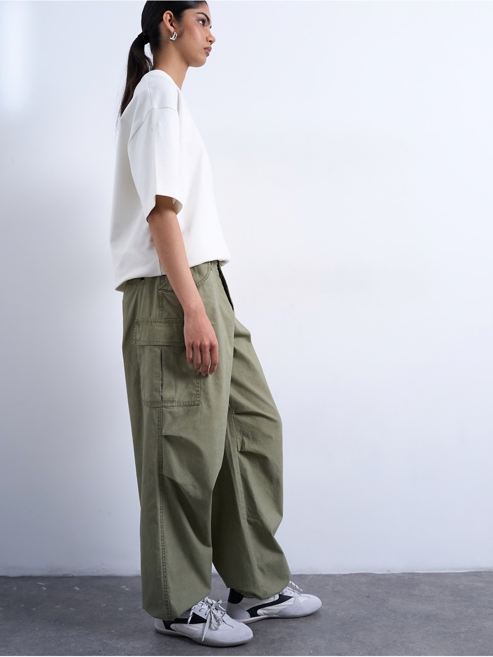 Topshop ripstop cargo pants with drawcord hem in khaki size 10
